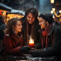 Friends happy together a winter night at candle light outside at the Christmas fair