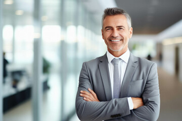 Fototapeta premium Portrait of smiling businessman in suit standing near modern building.