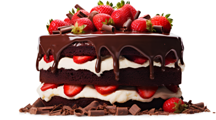 Chocolate cake with strawberries, chocolate strawberry cake isolated on a transparent background, Generative AI