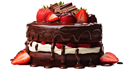 Chocolate cake with strawberries, chocolate strawberry cake isolated on a transparent background, Generative AI