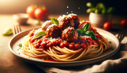 spaghetti with tomato sauce and meat ball - obrazy, fototapety, plakaty