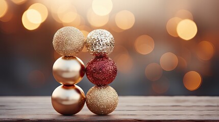  a group of three balls sitting on top of a wooden table next to a blurry boke of lights.