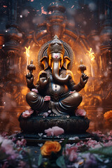 Obraz premium A statue of the Hindu god Ganesha with flowers