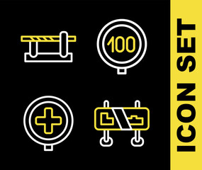Set line Speed limit traffic, Road sign, Hospital road and Parking car barrier icon. Vector