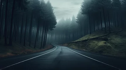 Fotobehang road in the mountains with fog,road trip, dark forest road, Beautiful mountain curved roadway, trees with green foliage in fog and overcast sky. Landscape with empty asphalt road through woods  © Planetz