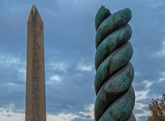 Obelisk of Theodosius and the serpent column in the ancient Hippodrome of Constantinople, Istanbul,...