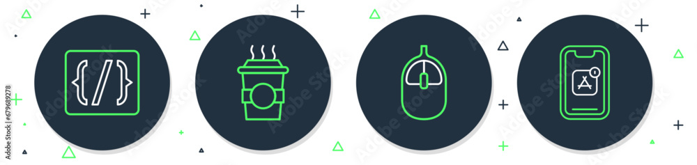Poster set line coffee cup to go, computer mouse, programming language syntax and mobile apps icon. vector