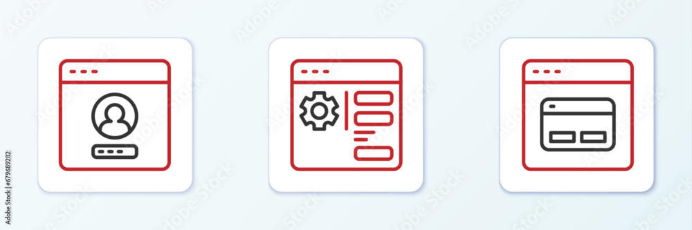 Poster set line search engine, create account screen and browser setting icon. vector