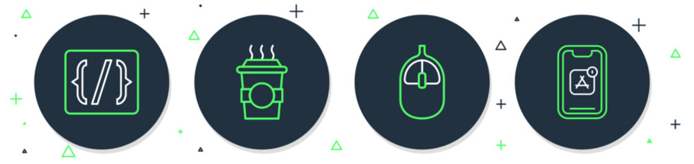 Set line Coffee cup to go, Computer mouse, Programming language syntax and Mobile Apps icon. Vector