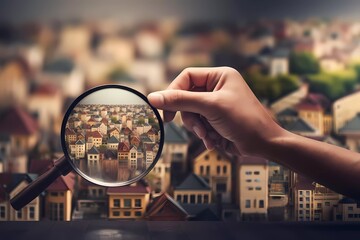 hand holding magnifying glass and looking at house, concept of looking for accommodation and house property. generative ai - obrazy, fototapety, plakaty