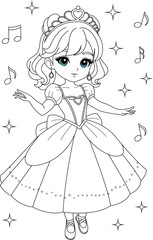 Coloring page a princess is dancing for kids