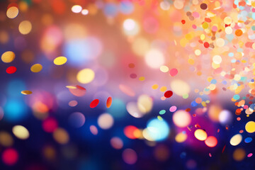 Confetti in front of colorful background with bokeh for carnival. Generative AI