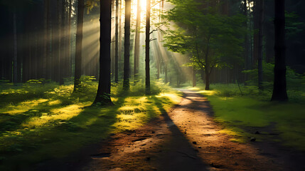 A dirt road in a forest with sun shining through the trees and grass on the ground and on the ground