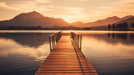 A dock with a wooden planks in the water at sunset or dawn with the sun setting over the mountains;