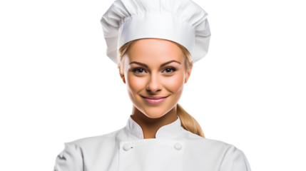 Portrait of a Chef, cute female chef in chef's hat and jacket isolated on transparent background, Generative AI