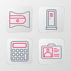 Set line Identification badge, Calculator, Locker changing room and Pencil sharpener icon. Vector