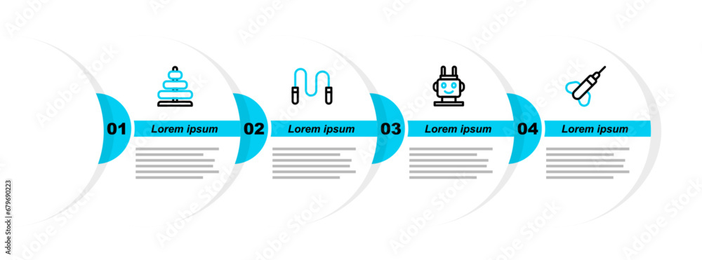 Poster set line dart arrow, robot toy, jump rope and pyramid icon. vector