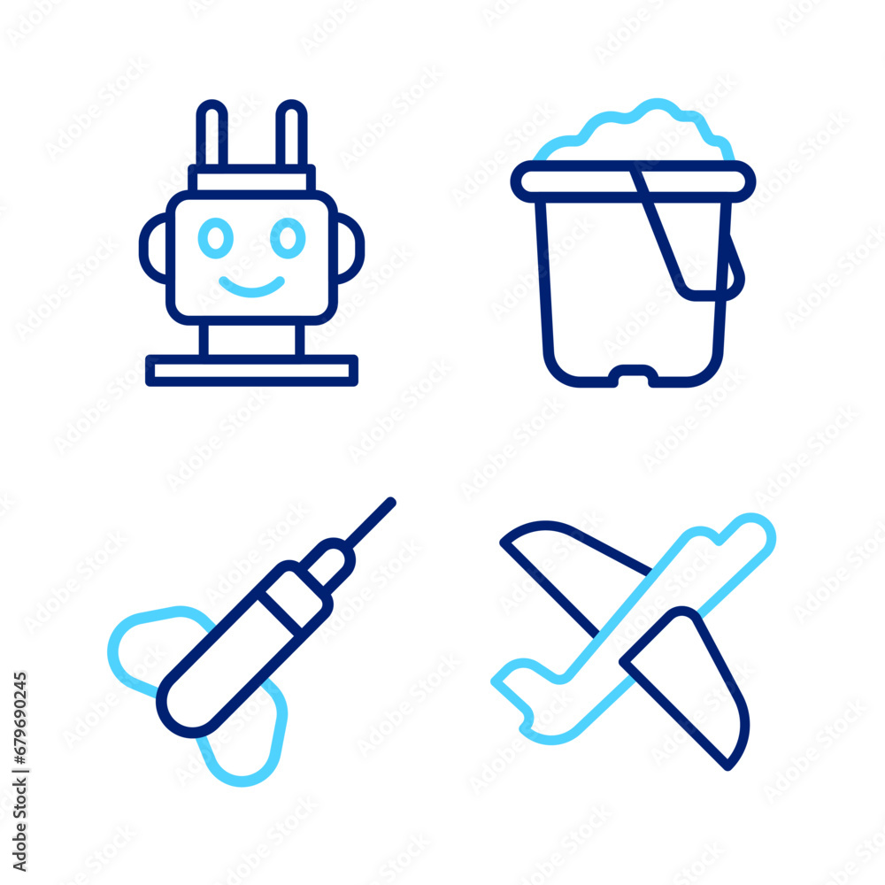 Poster set line toy plane, dart arrow, sand in bucket and robot toy icon. vector