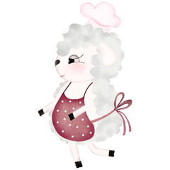 Watercolor drawing of a cute baker sheep on a white background. Adorable lamb pastry chef in a cap. For designing cards and invitations.