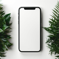 Smartphone on white background with green plant
