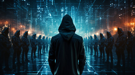 Anonymous hacker, surrounded by a network of glowing data. Cybersecurity, Cybercrime, Cyberattack. Generative AI	