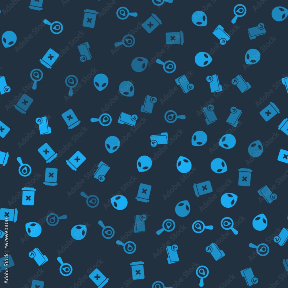 Poster set search location, alien, unknown directory and trash can on seamless pattern. vector