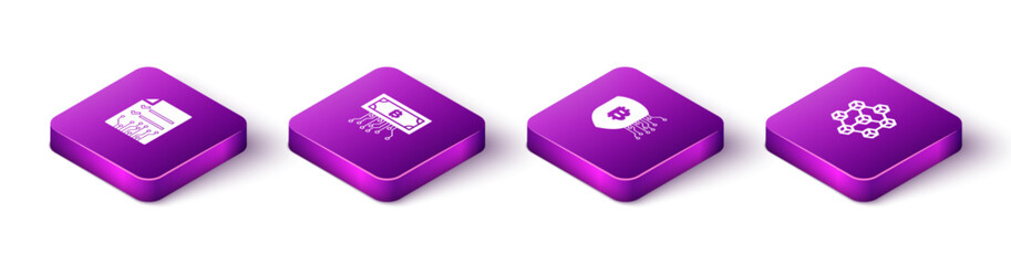 Set Isometric Smart contract, Cryptocurrency bitcoin with circuit, Shield and Blockchain technology icon. Vector