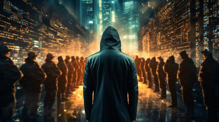 Anonymous hacker, surrounded by a network of glowing data. Cybersecurity, Cybercrime, Cyberattack. Generative AI	