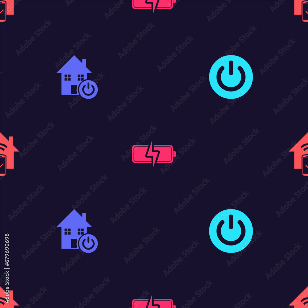 Poster set power button, smart home, battery and remote control system on seamless pattern. vector