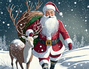 christmas card with santa claus and snowman