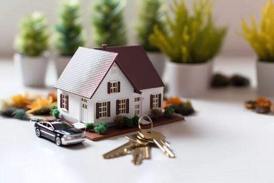 miniature with house model and house keys on table, insurance concept. generative ai