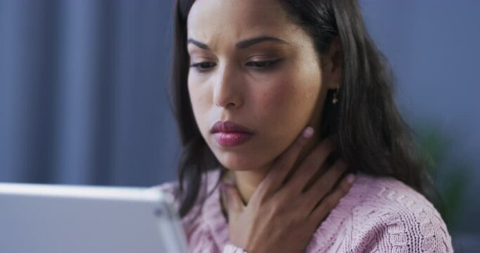 Woman, throat pain or working online on laptop for reading email and information for remote project. Young person, freelancer and strep virus with laryngitis and digital on website for startup idea