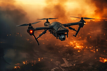 Military drone in flight observing positions. An unmanned aerial vehicle against the backdrop of a burning city. War. Reconnaissance and attack. Modern weapons.