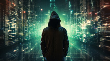 Anonymous hacker, surrounded by a network of glowing data. Cybersecurity, Cybercrime, Cyberattack. Generative AI	