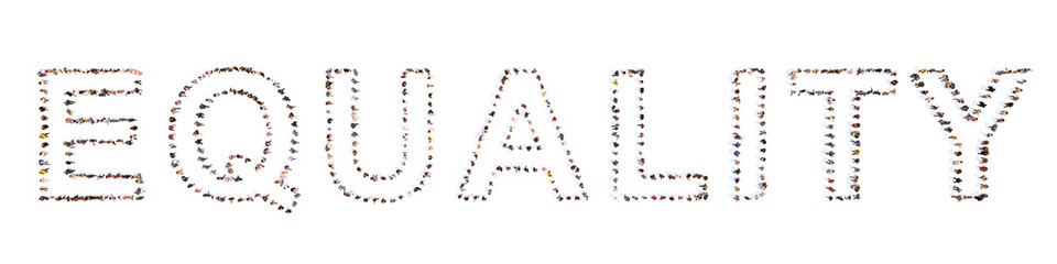 Concept or conceptual large community of people forming EQUALITY message. 3d illustration metaphor to gender equality, equal salery, career and employment opportunities, respect and progress