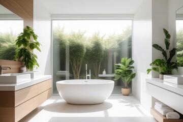 Minimalistic light colored bath with greenery