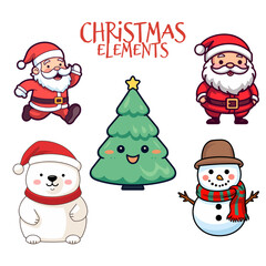 Kids’ Christmas Collection in Flat Design: Cute Santa Claus, Polar Bear, Snowman, and Christmas Tree - Transparent Background