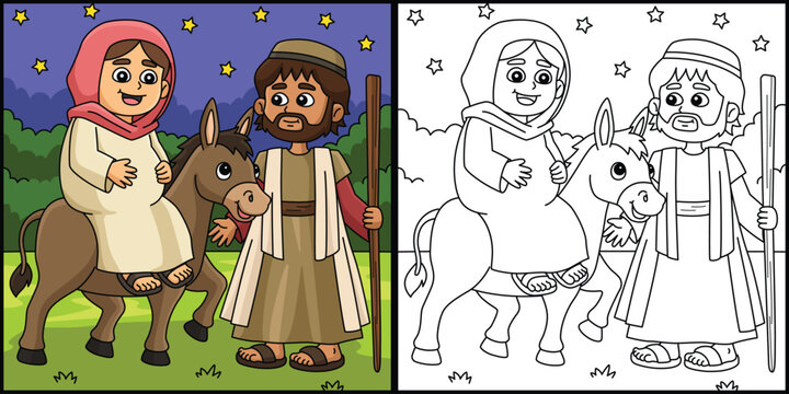 Christian Mary and Joseph Coloring Illustration