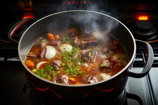 Beef stew of meat and vegetables cooking in the pot on the stove