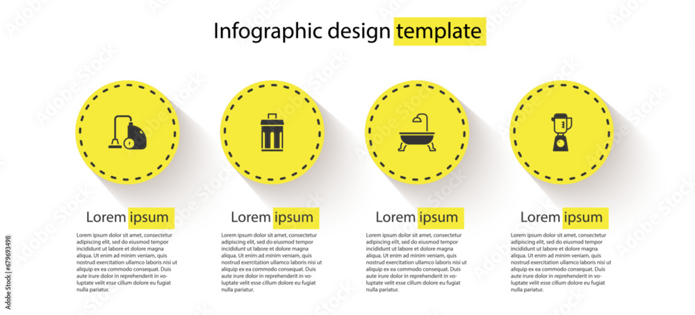 Poster set vacuum cleaner, trash can, bathtub and blender. business infographic template. vector