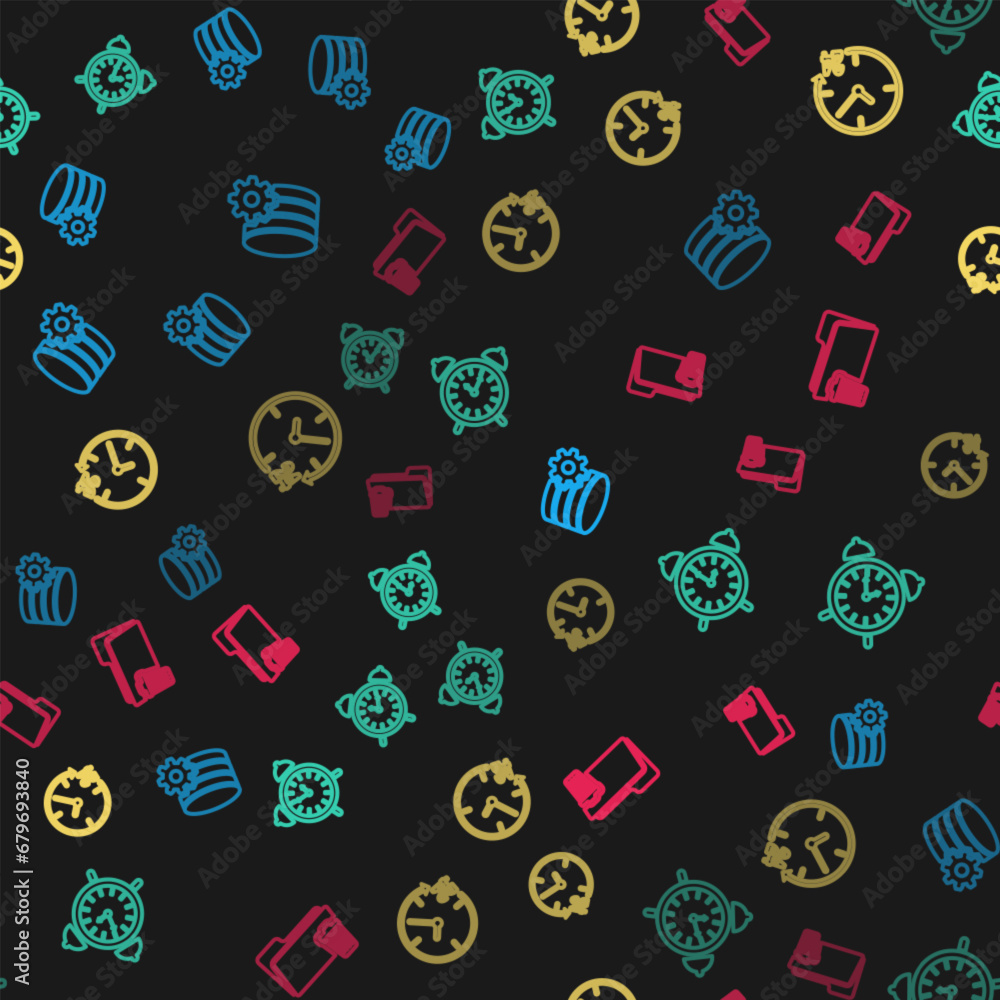 Poster set line setting database server, alarm clock, clock 24 hours and delete folder on seamless pattern.
