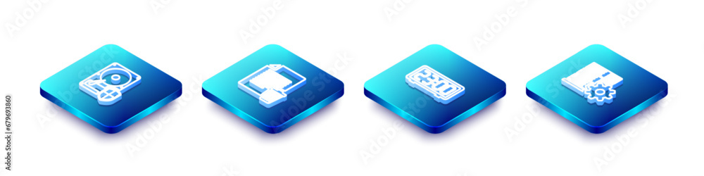 Poster set isometric line hard disk drive hdd protection, delete file document, digital alarm clock and ser