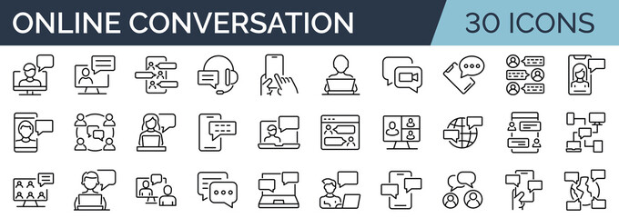 Set of 30 outline icons related to online conversation. Linear icon collection. Editable stroke. Vector illustration - obrazy, fototapety, plakaty