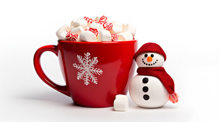 Obraz na płótnie Canvas Cup of coffee with christmas decoration, Red mug with hot chocolate and snowman isolated on white background, Generative AI