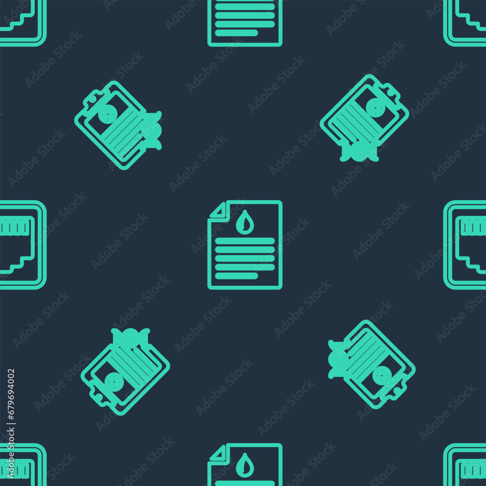 Poster set line clipboard with blood test, dna analysis and network port cable socket on seamless pattern. 