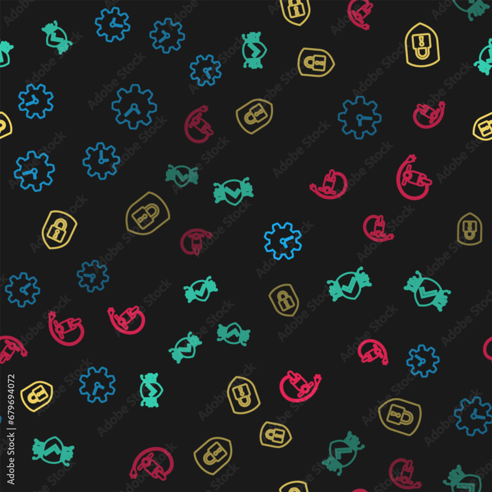 Poster set line time management, cyber security, shield with lock and electric scooter on seamless pattern.