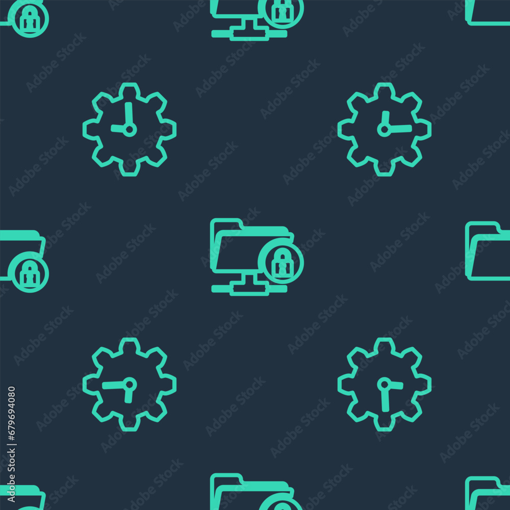 Poster set line ftp folder and lock, time management and folder on seamless pattern. vector