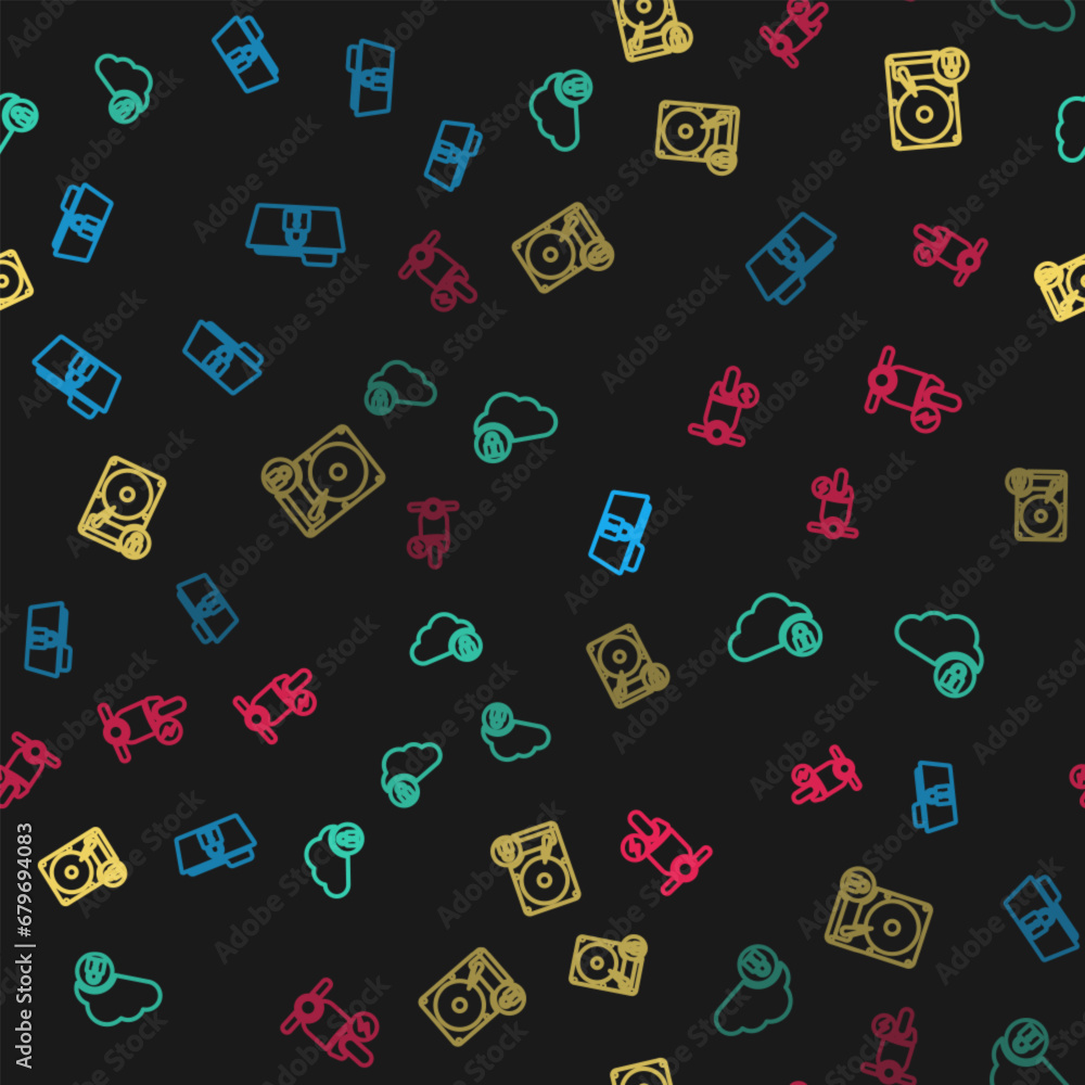 Poster set line folder and lock, cloud computing, hard disk drive and electric scooter on seamless pattern.