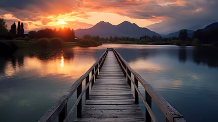 Fototapeta premium A wooden bridge over a body of water at sunset with mountains in the background and a lake in the foreground