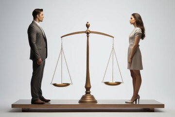 Equality between man and woman concept with beam scales on white background.